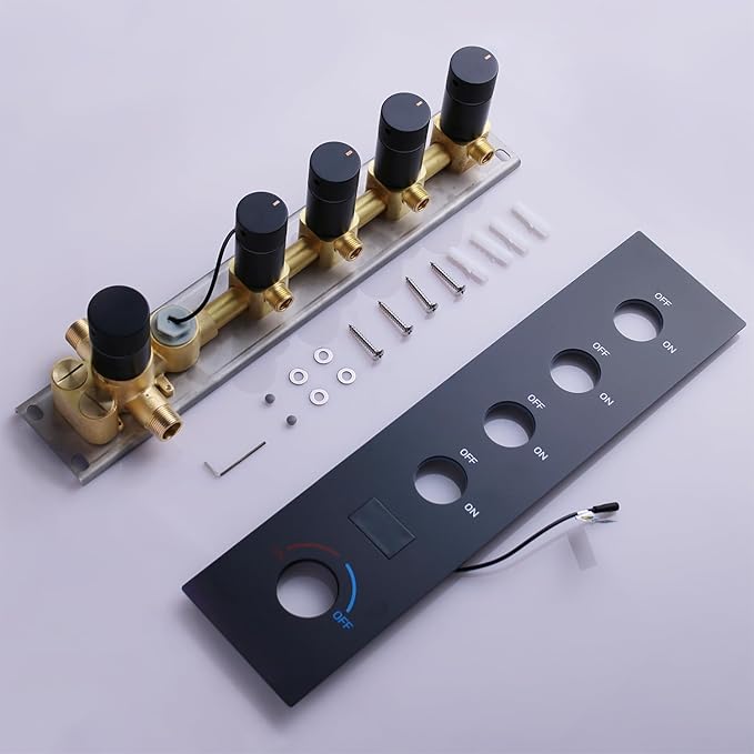 4 Way Shower Diverter Valve with Temperature Display Brass Rough-In Shower Mixing Valve Kit Replacement Can Work At The Same Time,Matte Black