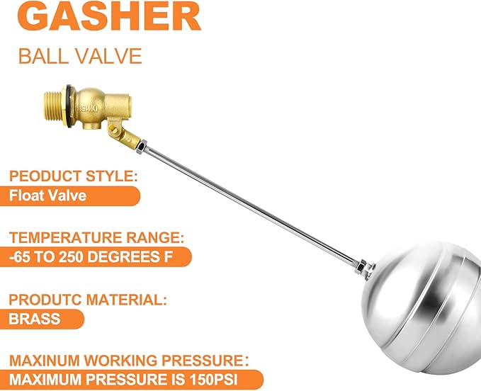 GASHER 1PCS 3/4" 304 Stainless Steel Float Ball Valve with 3/4"G Female x 3/4"NPT Male Adapter, DN20 Adjustable Water Tank Float Ball Valve for Stock Tank Pool Water Level Control