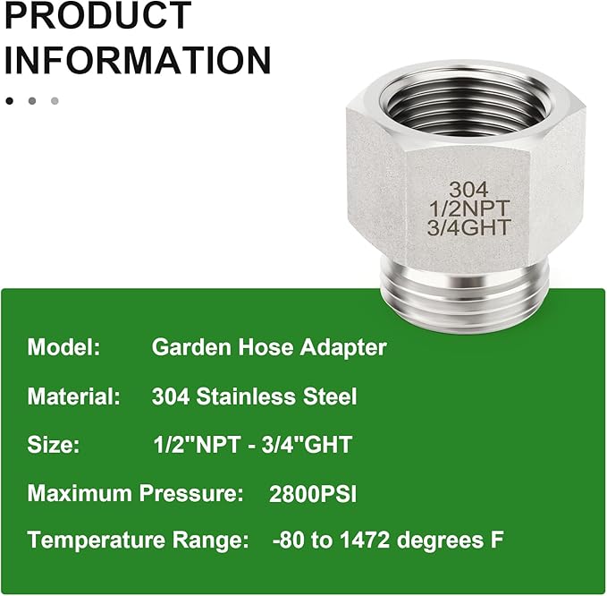 TAISHER 2PCS 304 Stainless Steel Garden Hose Adapter, 3/4" GHT Male x 1/2" NPT Female Garden Hose Connector