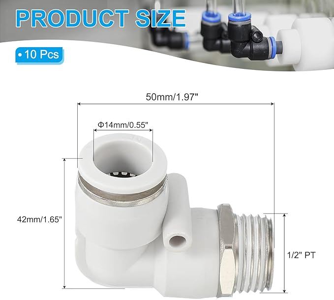 PATIKIL Push to Connect Fitting, 10 Pack Pneumatic Air Elbow Quick Connector 1/2"PT Male Thread x 14mm Tube 90 Degree Connect Tubing Elbow Air Tube Fitting Pneumatic Quick Adapter, White