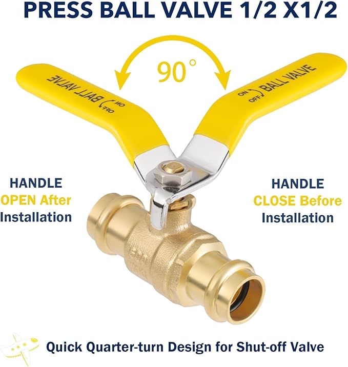 1/2" Press propress Ball Valve with EPDM O-Ring 1/4-Turn Full Port Shut Off Stop Valve for Copper Tubing Connection LF Brass 10PCS