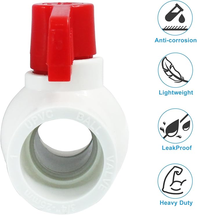 5 Pcs 3/4 Inch PVC Ball Valves, Water Shut Off Valves, 25mm Socket with Red T-Handle, Rated at 150 PSI Pipe Fittings for Swimming Pool, Plumbing & Irrigation Systems