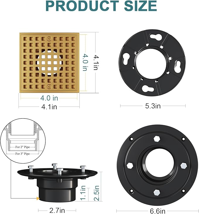 4-1/4" Square Shower Drain Kit - Champagne Bronze 304 Stainless Steel Low Profile Floor Drain with ABS Flange & Hair Catcher (Fits 2"/3" Pipes, Gold Finish)