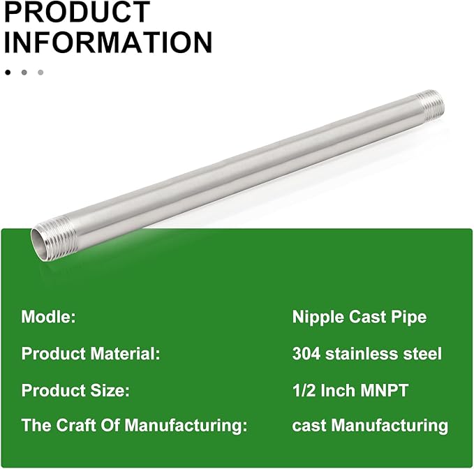 TAISHER 2Pcs Stainless Steel Pipe Fittings, 1/2" NPT x 1/2" NPT Male Threaded, 12" Length Nipple Cast Pipe