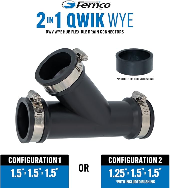 Fernco 1.5 in. Hub Flexible PVC Wye DWV Pipe Fitting Connector with Optional 1.25 in. Reducer Bushing for Cast Iron, Steel and Plastic Connections