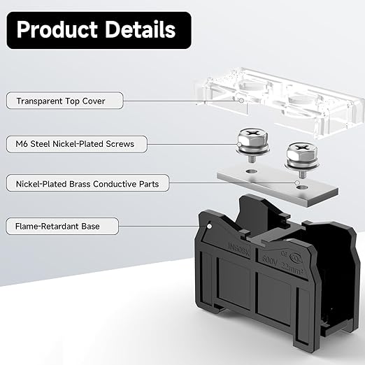2Pcs DIN Rail Terminal Blocks with Cover, IN60BK 600V 90A 22mm² Electrical Connection Terminals, 4Pcs 14-12 AWG Insulated Fork Spade Wire Connectors & 3.15 Inch DIN Rail Included