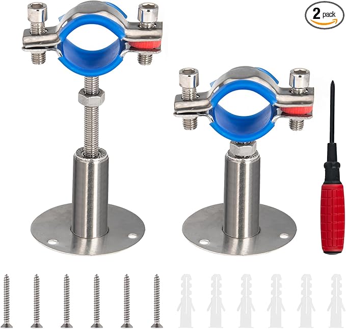 Kodilin 2PCS 304 Stainless Steel Wall Mount Ceiling Mount Pipe Supports,Suitable for OD Pipe 1"(32-34mm),Adjustable Height 50-100mm,Adjustable Pipe Strap Clamp with Screws