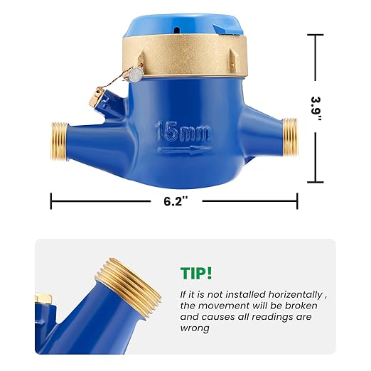 Watflow DN15 Water Meter 1/2"NPT, ISO4064 Certification Cubic Water Flow Meter, Cold Water Meter, for Garden or Home, Horizontal Install.