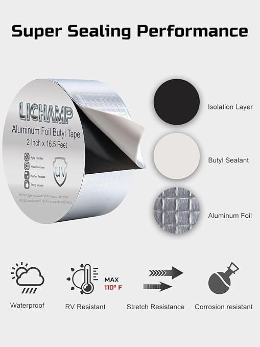 Lichamp Aluminum Butyl Tape, Waterproof Butyl Aluminum Foil Tape 2 inches x 16.4ft for RV Repair, Roof, Window Patch, Boat and Outdoor Pipe Sealing