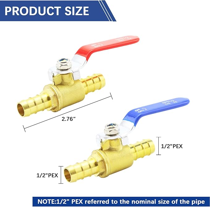 1/2 Inch PEX Ball Valves,12 Pcs PEX Brass Full Port Shut Off Ball Valve, Brass Full Port Quarter Turn Crimp Pex Valves for Hot and Cold Water