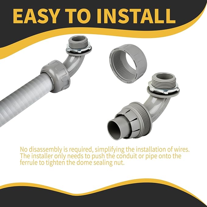 Conduit Connectors, 3/4 Inch Liquid Tight Connector NPT Non-Metallic for PVC Electrical Flexible Conduit Fittings, 90 Degree, UL Listed for Home Outdoor Tubes Tools, Grey (48-Pack)