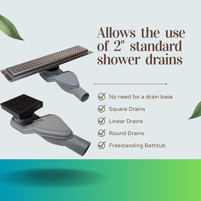 SereneDrains WOW Drain TM Horizontal Side Discharge Outlet Low Profile Shower Drain Assembly Reducer PVC Base Pipe Fitting P Trap (Without Drain)