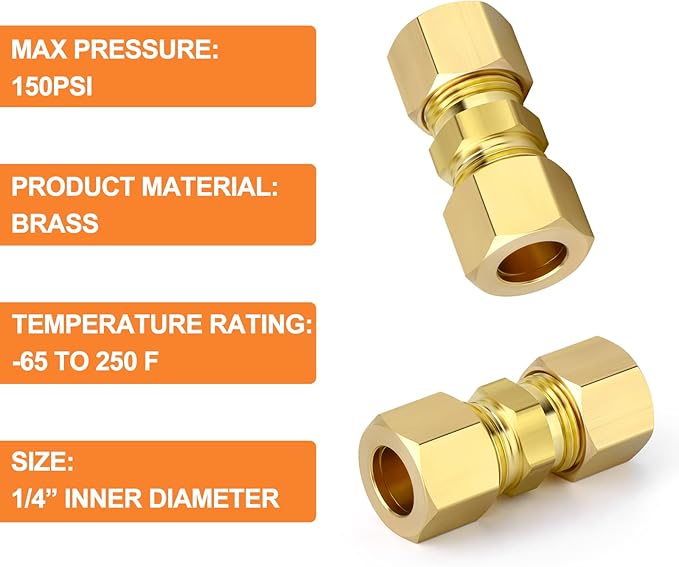 GASHER 10PCS Brass Compression Tube Pipe Fitting Connector, 1/4" Tube OD x 1/4" Tube OD Connector