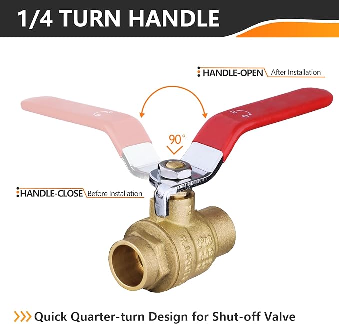 2-Pack HeSun 1/2 Inch Sweat Ball Valve, Brass Full Port Shut-off Valve,1/2" SWT x 1/2" SWT, 600 WOG (Water, Oil and Gas),Red(VALVE044-2)