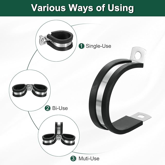 uxcell 1-1/2"(38mm) Cable Clamp, 304 Stainless Steel Rubber Cushioned Insulated Clamp R Shape Metal Clamp Tube Holder for Pipe Hose Wire Cord Installation 14Pcs