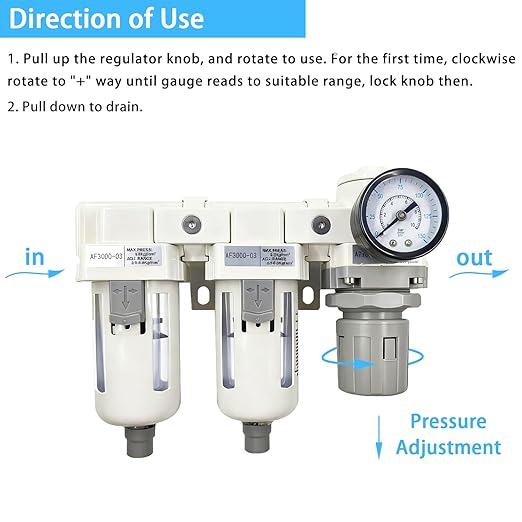 XingNEeng 3/8" NPT Compressed Air Filter Regulator Lubricator (FRL) Unit, Double Water/Oil Trap Separator, Gauge(0-150 psi), Semi-Auto Drain Air Compressor Water Separator, Poly Bowl, Metal Bracket