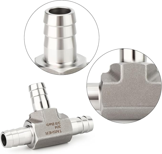 TAISHER 1PCS Forging of 304 Stainless Steel 3 Way Tee Hose Barb Fitting, 3/8" x 3/8" x 3/8" Hose Barb for Fuel/Air/Lquid/Gas with 3PCS Hose Clamp
