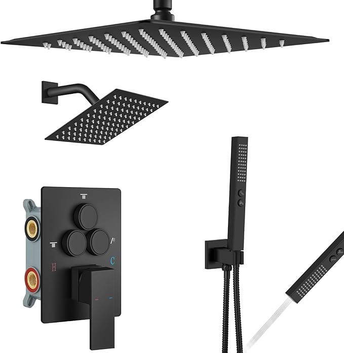Aolemi Shower Faucet Set Ceiling Mount Shower System Rough-in Valve and Shower Trim Kit 12 and 6 Inch Dual Shower Head 2 in 1 Handheld Spray Push Button Diverter Matte Black