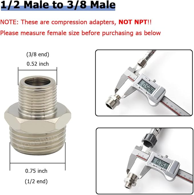 Hooshing 2PCS 1/2 to 3/8 Reducer RV Faucet Adapter Brass Pipe Fitting 3/8 Male to 1/2 Male Water Line Adapter for RV Kitchen Bathroom Plumbing with Washers