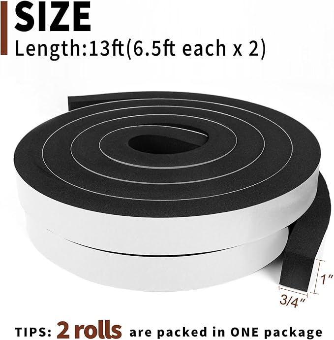 Yotache Foam Weather Stripping 1" x3/4", Insulation Foam Strips with Adhesive for Door,Automotive,Air Conditioner Seal, 2 Rolls x 6.5 Ft Each, Total 13 Feet Long