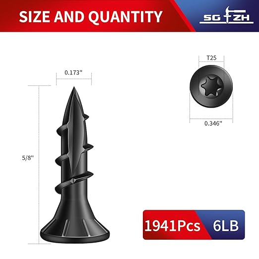 #8 x 5/8" Deck Screws (1941Pcs) 6lb. Carbon Steel, Black, Flat Head, Rust Resistant epoxy Coated, with T25 Star Bit