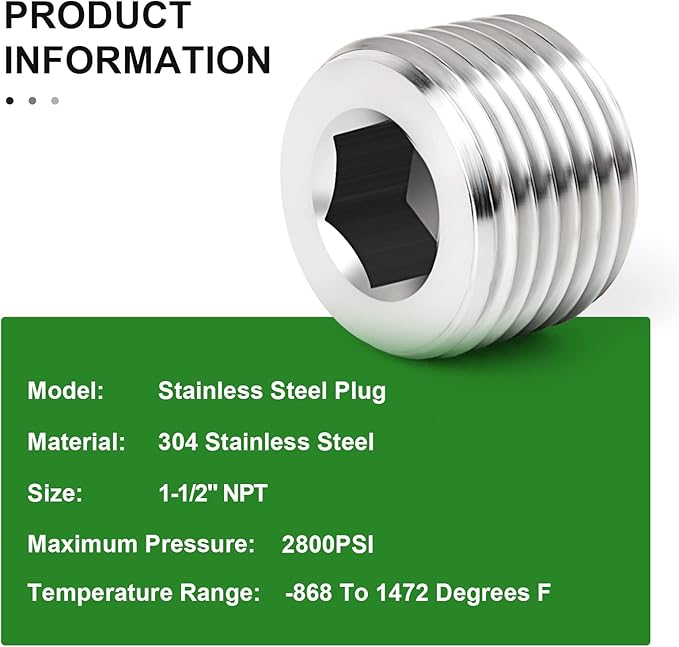 TAISHER 2PCS 304 Stainless Steel Internal Hex Thread Socket Pipe Plug Fitting 1-1/2" NPT Male