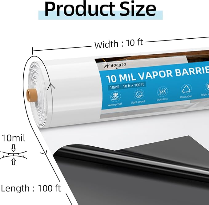 Vapor Barrier - 10' x 100' 10 Mil, Puncture Resistant Polyethylene Film Sheeting, Plastic Drop Cloth, Black/White Crawl Space Vapor Barrier for Covering, Basement, Renovating, Industrial