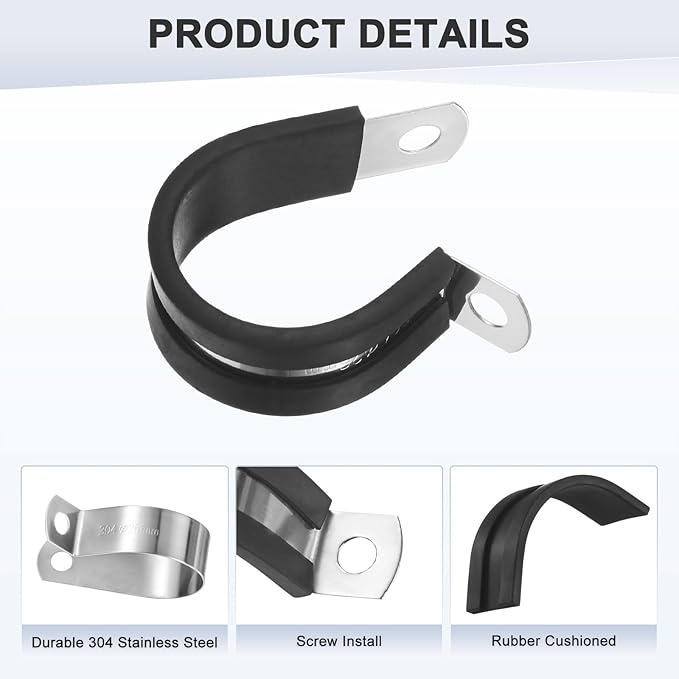 20-Pack Cable Clamps, 1-1/32 Inch/ 26 mm 304 Stainless Steel Rubber Cushioned Insulated Cable Clamp R Shape Metal Holder for Tube/Wire/Pipe/Loop Installation