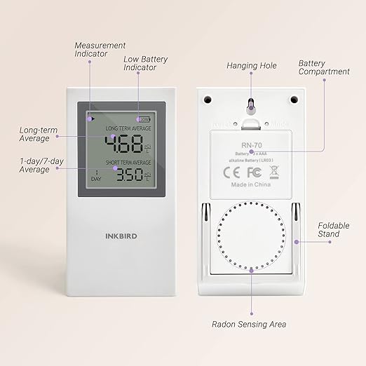 INKBIRD Portable Radon Detector, Home Radon Meter, US Version-Pci/L, Short-Term and Long-Term Monitoring, Battery Included (INK-RD1-W)