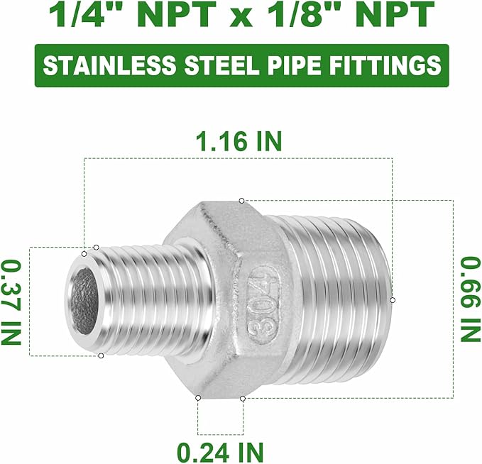 TAISHER 10PCS Cast 304 Stainless Steel Hex Nipple, Reducer Pipe Fitting 1/4-Inch Male Pipe x 1/8-Inch Male Pipe
