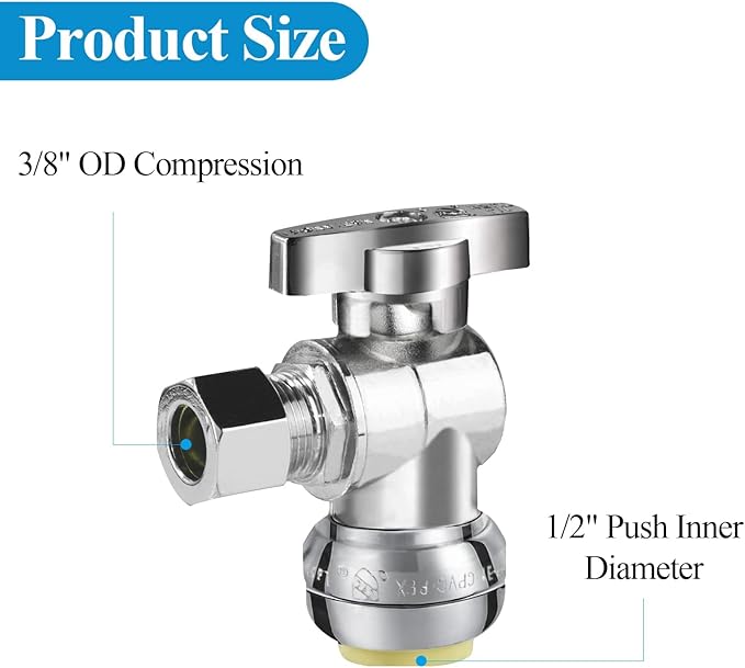 WiseWater Push to Connect Angle Stop Valve 1/2" Push x 3/8" Compression, 1/4 Turn for Quick Shut Off, Chrome Plated Brass with Disconnect Clip, for PEX, Copper, CPVC Pipes (Pack of 10)