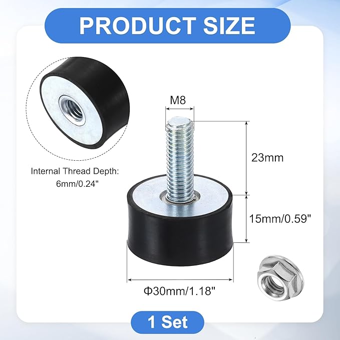 uxcell M8 Rubber Mounts, 1Pcs 29x15mm(DxH) Rubber Cylindrical Anti Vibration Isolator Shock Absorber with Lock Nut for Car Bobbin Generator Air Compressors