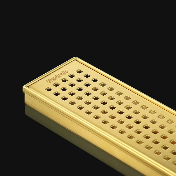 Neodrain 36-Inch Brushed Brass Linear Shower Drain with Removable Quadrato Pattern Grate,304 Stainless Steel Gold Rectangle Shower Floor Drain,Linear Drain with Hair Strainer