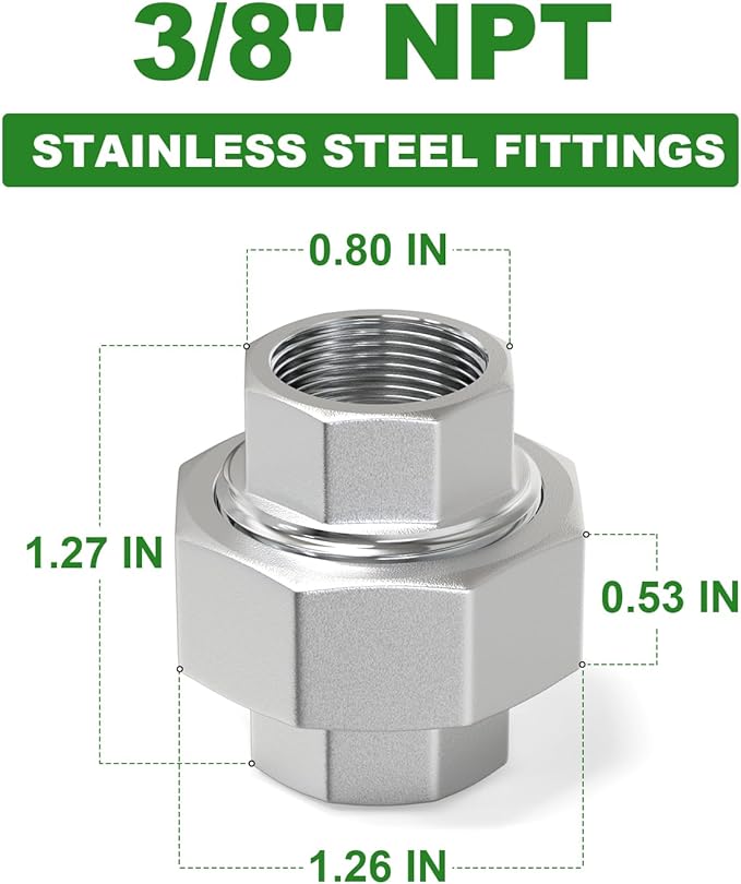 TAISHER 2PCS 304 Stainless Steel Union，3/8" NPT Female Cast Pipe Fitting