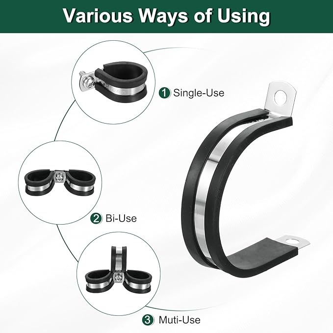 uxcell 1-3/4"(44mm) Cable Clamp, 304 Stainless Steel Rubber Cushioned Insulated Clamp R Shape Metal Clamp Tube Holder for Pipe Hose Wire Cord Installation 8Pcs