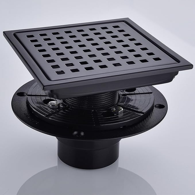 6 Inch Square Shower Floor Drain with Flange,Matte Black SUS 304 Stainless Steel Shower Drain Kit Floor Drain,Removable Grid Grate, Hair Strainer ﻿
