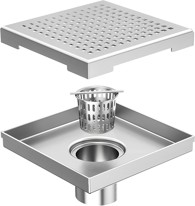 Neodrain 6-Inch Square Shower Drain with Removable Quadrato Pattern Grate, Brushed 304 Stainless Steel, with Watermark&CUPC Certified,Black