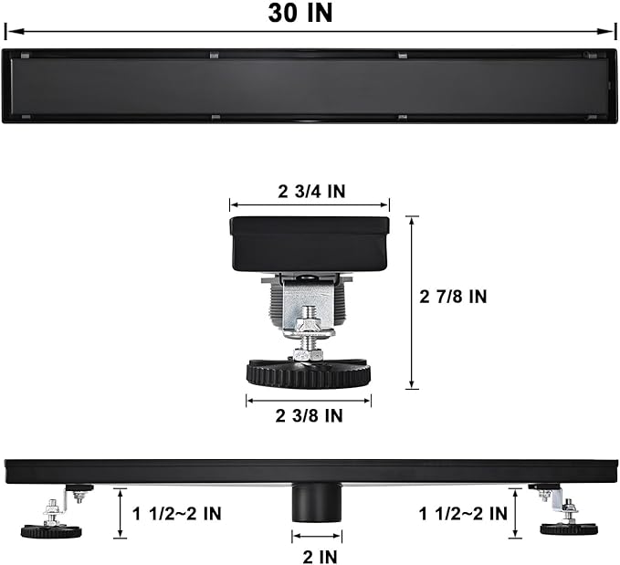 Linear Shower Floor Drain, Black 30 Inch 304 Stainless Steel Bathroom Drains Kit, Rectangular Shower Trench Drain with Reversable Tile-in Pattern Drain Cover & Hair Catcher