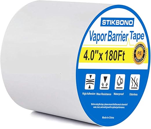 Vapor Barrier Tape 4 Inch x 180' x 4mil 1-Pack Moisture Barriers Seal and Seam Tape, White Polyethylene Tape for Crawl Space,Waterproofing, Underlayment,Metal Building and Plastic Sheeting
