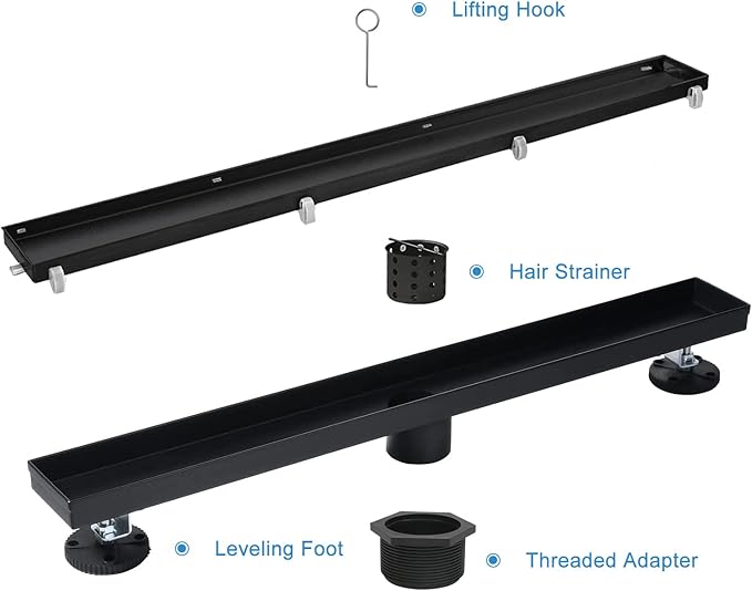 Linear Shower Drain, 18 inch Black Drain with Tile Insert 2-in-1 Panel, Brushed 304 Stainless Steel Shower Floor Drain, Linear Drain with Hair Strainer and Adjustable Feet