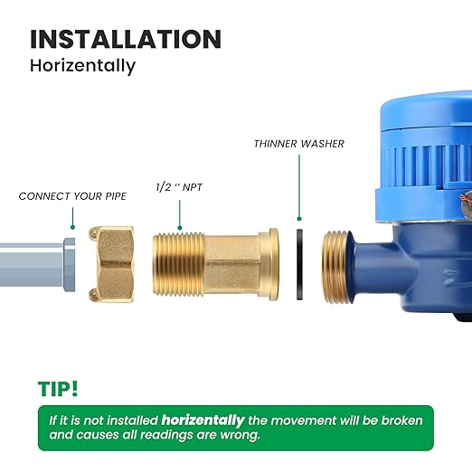 Watflow DN15 Water Meter 1/2" NPT, ISO4064 Certification Cubic Water Flow Meter, Cold Water Meter for Garden/Home/Apartment, Horizontal Install.