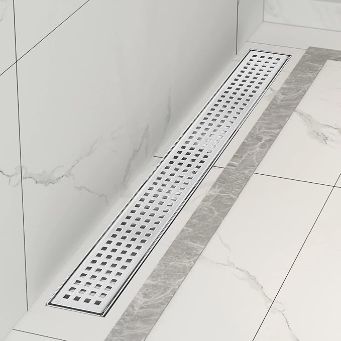 Linear Shower Drain, Shower Drain 24 inch with Removable Grate Cover, Professional AISI 304 Stainless Steel Shower Floor Drain, Linear Drain with Hair Catcher and Leveling Feet