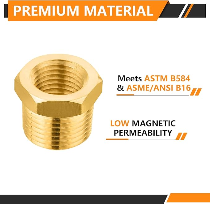100-PCs HeSun Brass Thread Pipe Fitting, 3/4" NPT Male x 1/2" NPT Female Reducer Hex Bushing Adapter(NPT033-100)