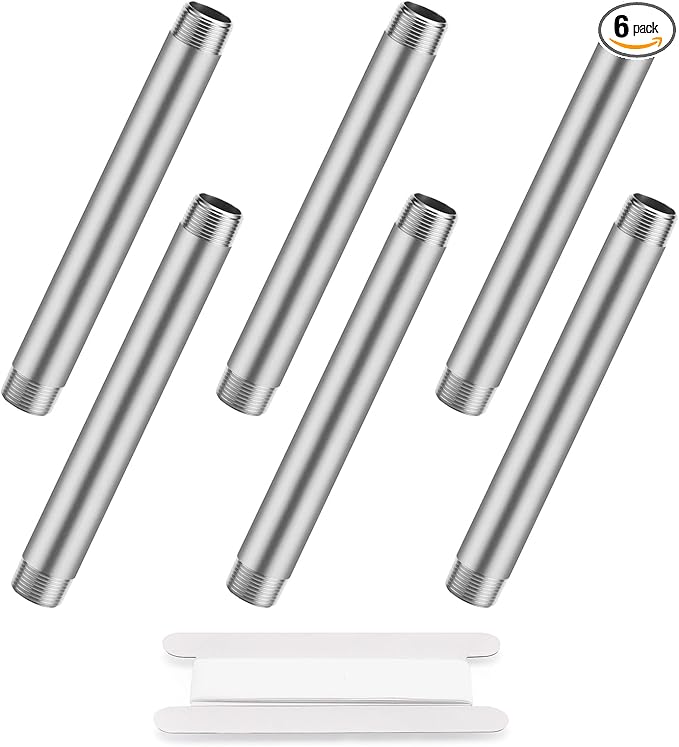 1/2"x6" 304 Stainless Steel Pipe, 1/2" NPTx 1/2" NPT Male Threaded Nipple, SCH40 Heavy Duty Pre-Cut Steel Pipe for Plumbing Gas, Hydraulic, and Industrial Applications(6", 6 Piece)