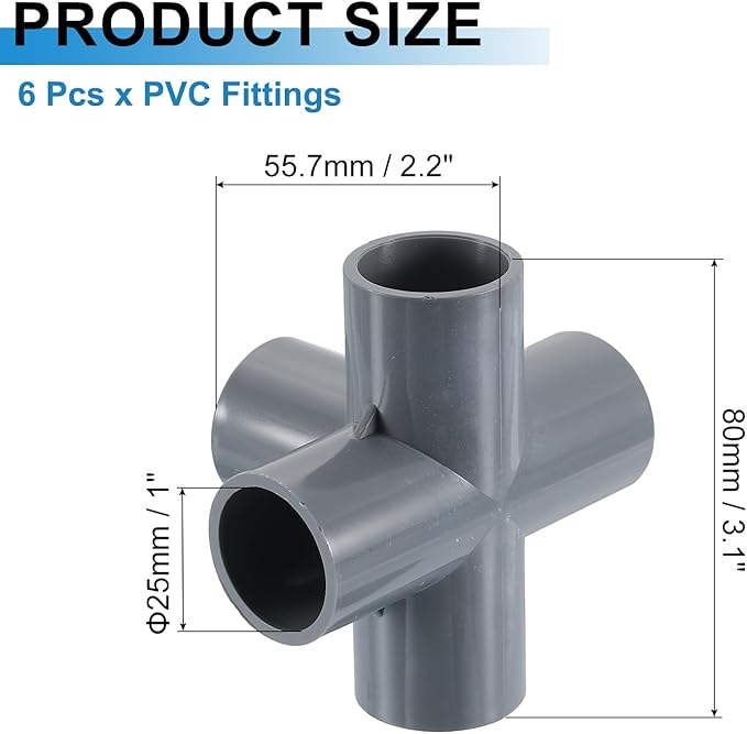 uxcell 3/4" PVC Fittings, 6 Pcs 5 Way Elbow Connector Elbow PVC Furniture Fittings Corner Fitting for Water Supplies PVC Furniture DIY Shelf Greenhouse Tent Connection, Grey