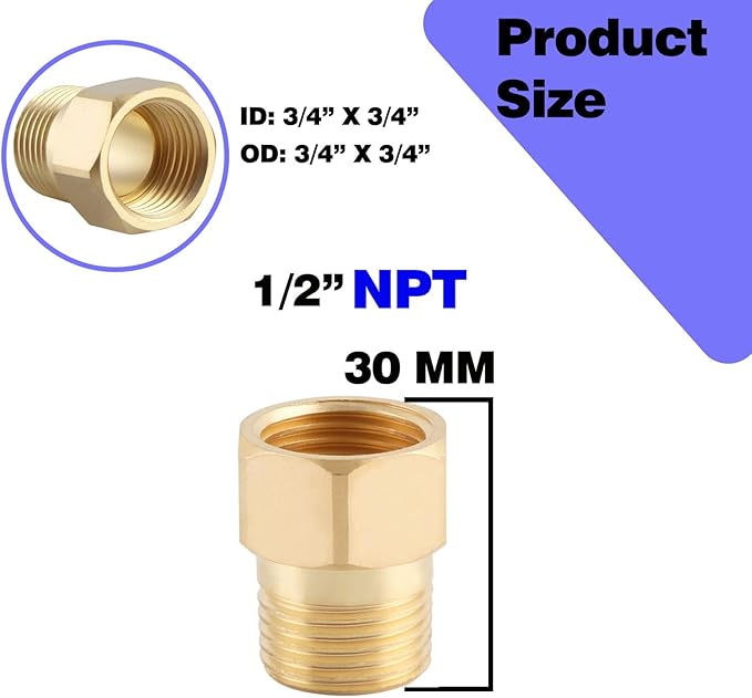 2-Pack Brass Pipe Fitting 1/2" NPT Female X 1/2" NPT Male Reducer Adapter Extension Connector （2-Pack）, 1/2 Inch Male to 1/2 Inch Female Pipe Fitting Adapter, Brass Pipe Extension Fittings