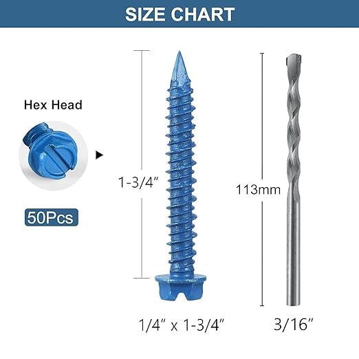 1/4 x 1-3/4 Inch 50Pcs Concrete Screws, Hex Head Screws Anchor with Drill Bit, for Masonry, Block, Brick, Cement, Stucco, Diamond Point