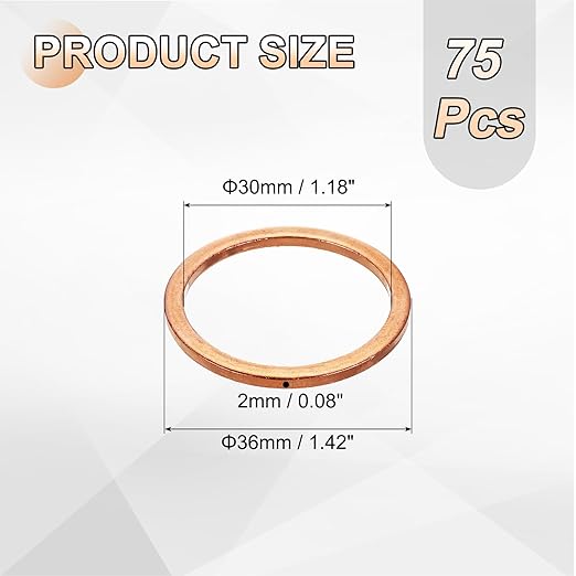 uxcell 75Pcs M30 Flat Washer Copper Washer Sealing Rings, 30mm ID 36mm OD 2mm Thickness Copper Crush Washers Metric Sealing Gasket for Plumbing Machinery Automotive