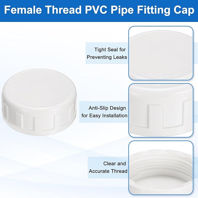 uxcell 5Pcs 1-1/2 Inch PT Female Thread PVC Pipe Fitting Cap, Cleanout Water Drain End Caps, Pipe Plug Socket Fittings with Tape for Water Heater Supply Lines, Plumbing, White