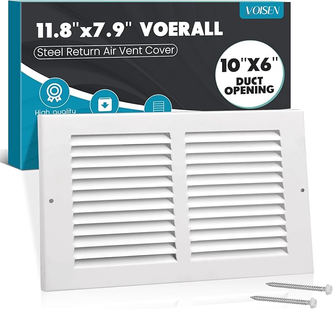 VOISEN Return Air Grille,Fits 10x6 Duct Opening,Steel Return Vent Cover, White Vent Cover Grill for Sidewall and Ceiling,HAVC Cold Air Return Vent Cover,Overall Size:11.8" W X 7.9" H
